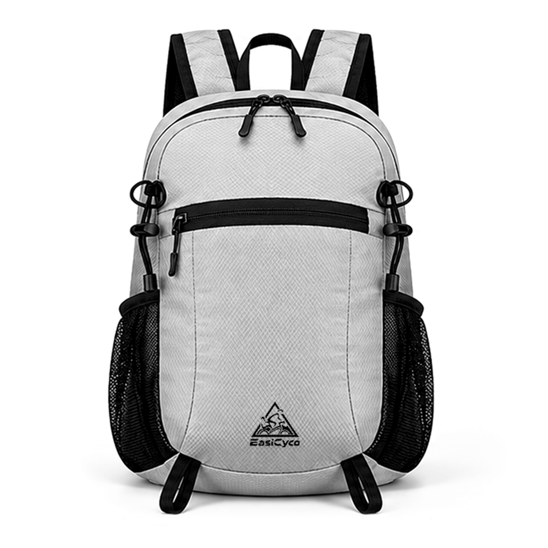 Gray EasiCyco lightweight packable backpack with a front zip pocket and side mesh pockets