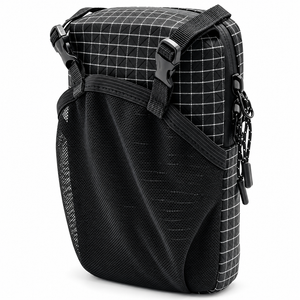Angled view of the EasiCyco phone pouch showing front buckles, mesh pocket and zipper pulls