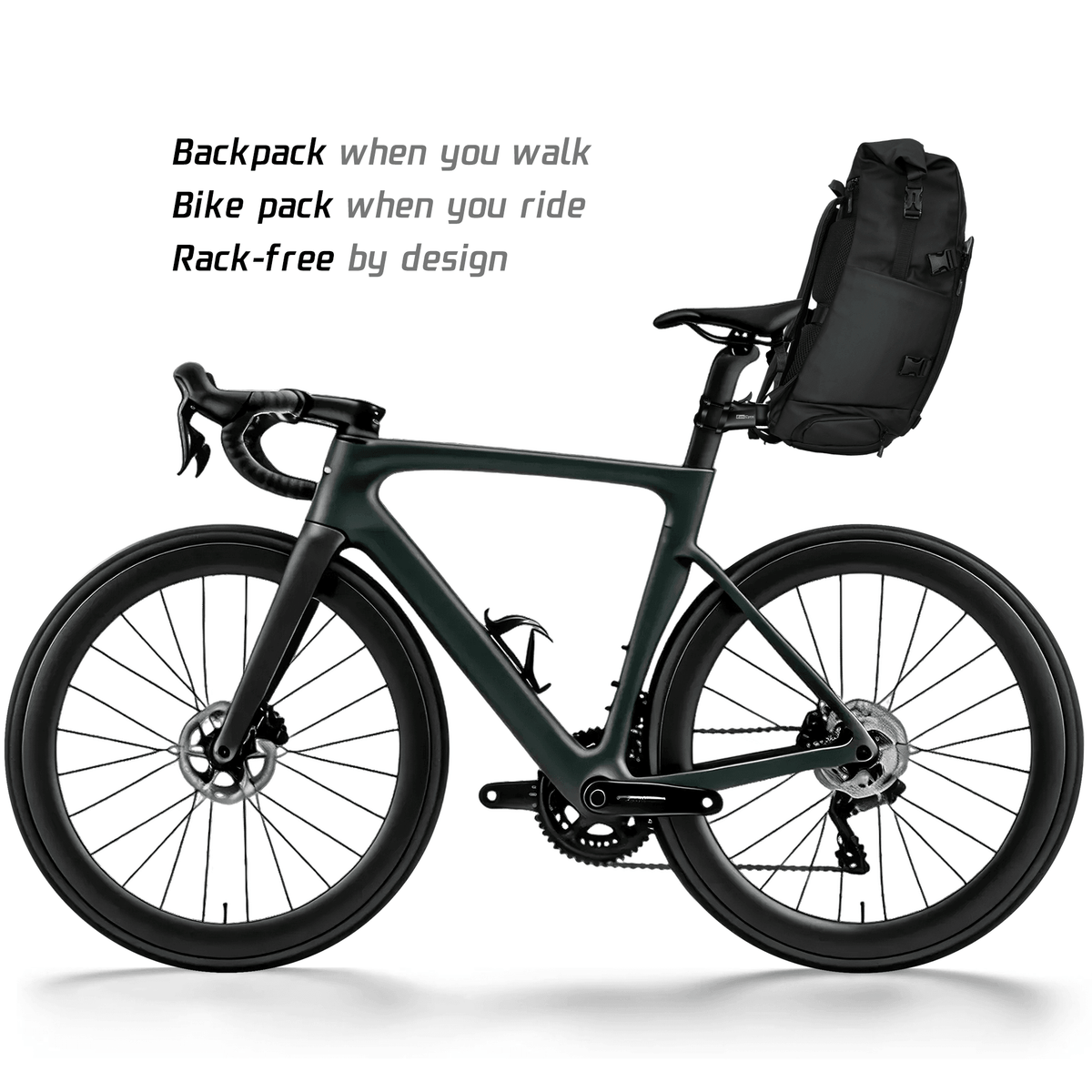 EasiCyco Floating Backpack: Fashionable Roll-Top Bicycle Backpack with Mounting Kit,Black color,no rear bike rack