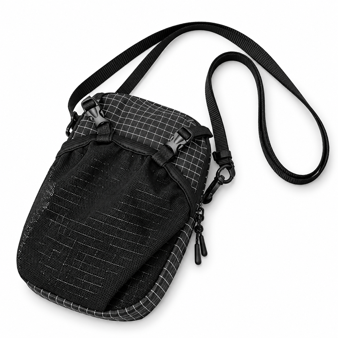 EasiCyco black grid-pattern phone pouch with its detachable shoulder strap