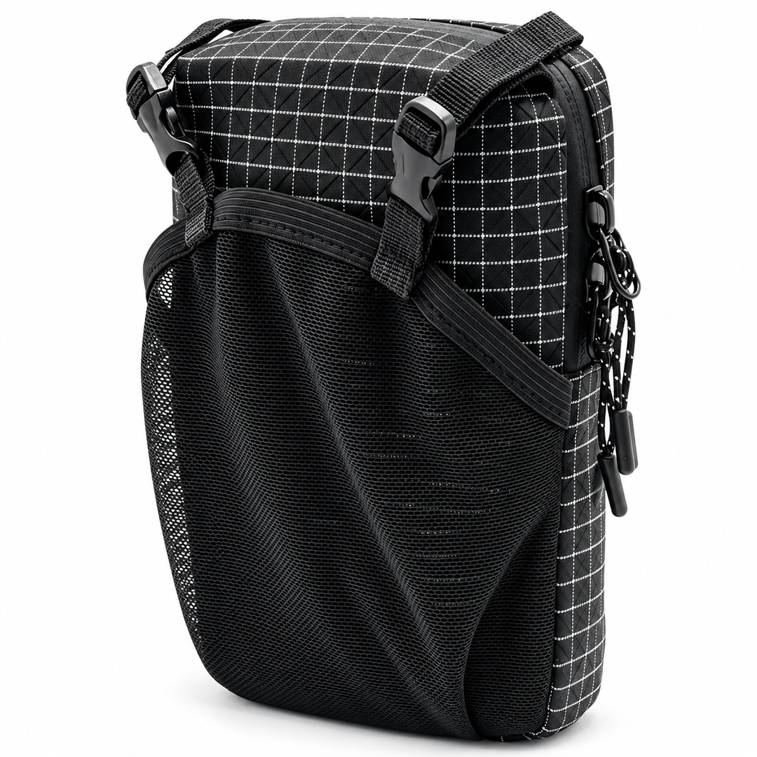 Angled view of the EasiCyco phone pouch showing front buckles, mesh pocket and zipper pulls