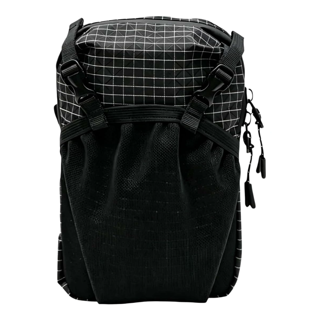 Black EasiCyco shoulder strap phone pouch with a white grid pattern and front mesh pocket