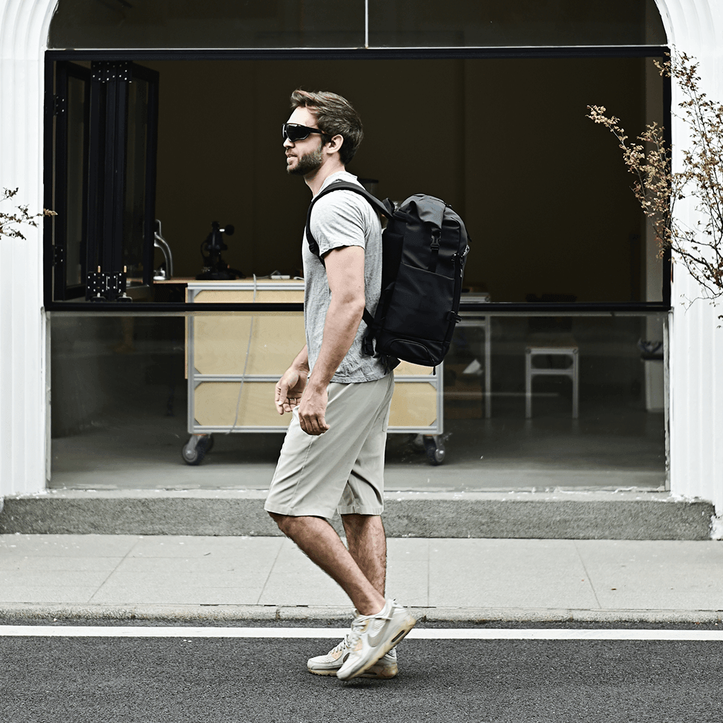 EasiCyco floating roll-top backpack in fashion color with mounting kit included, shown on white background for e-commerce pro