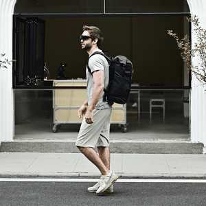 EasiCyco floating roll-top backpack in fashion color with mounting kit included, shown on white background for e-commerce pro